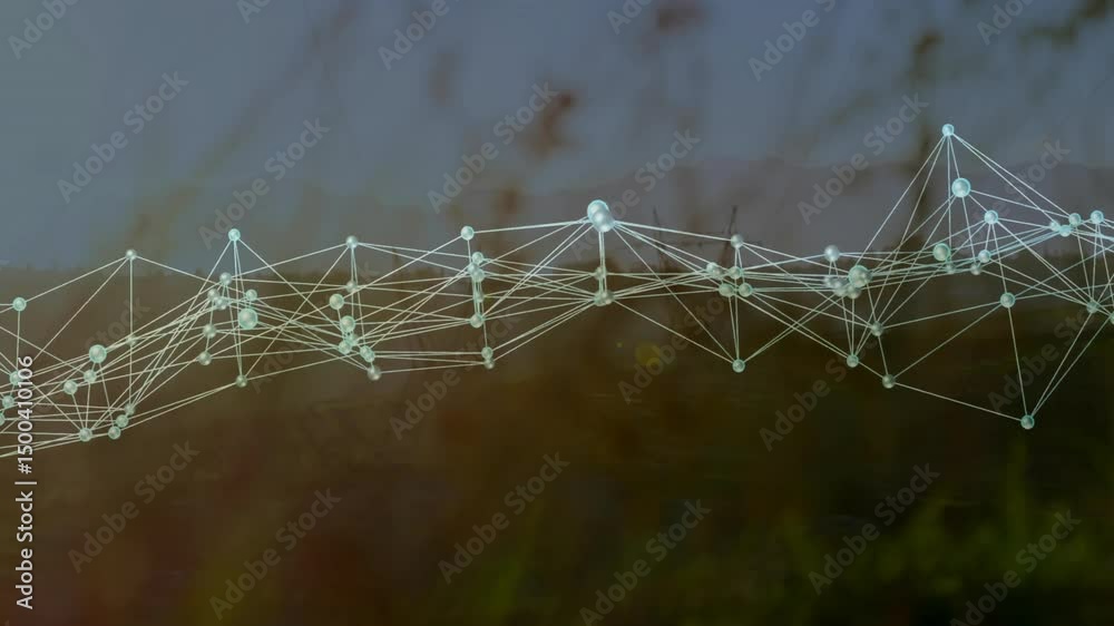 Poster on startup, semi-transparent network mesh pulsing shifting across meadow for visualizing data flow