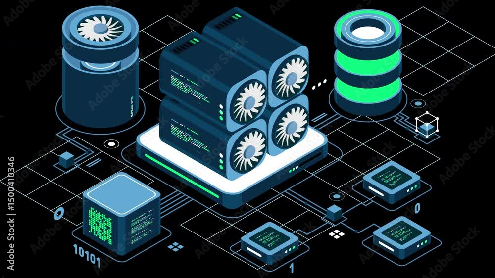 Poster isometric blockchain animation. isometric cryptocurrency. platform creation of digital currency. big