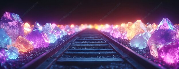 Crystal mine train track, glowing gems