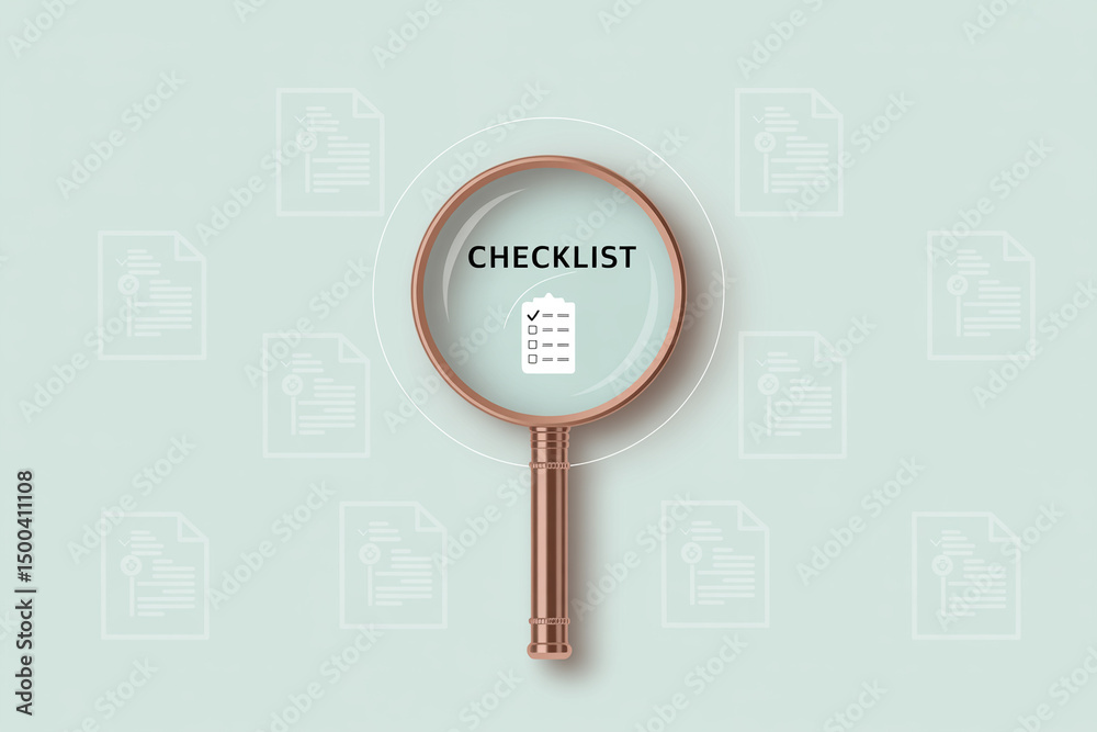 Aufkleber a checklist under a magnifying glass on a light blue background with document icons around it