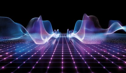 Abstract digital landscape with glowing grid and flowing waves