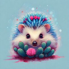 cyan hedgehog with cactus 