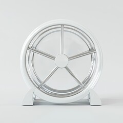 Obraz premium White minimalist wheel-shaped object with a metallic grey frame, resting on a simple white stand against a plain background