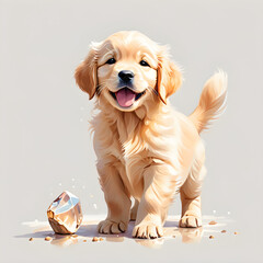 Golden retriever puppy proud with a crystal quartz 