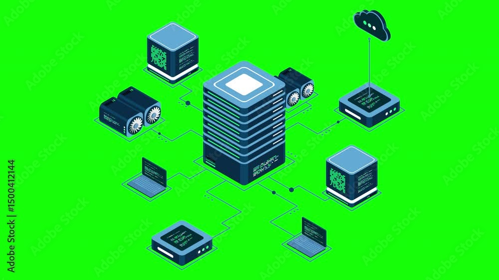 Poster Isometric computer technology animation. Computation of big data center. Cloud computing. Online devices upload and download information. 4K video animated in isometric style