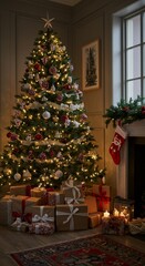 Photo of Decorated Christmas Tree with Presents Gold Lights and Festive Interior