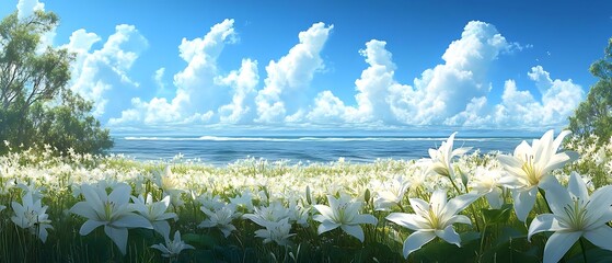 Coastal lilies, sunny sky, ocean view