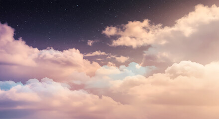 Obraz premium Ethereal view of fluffy pink and peach clouds against a starry night sky, creating a dreamy, serene, and magical celestial skyscape. 
