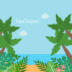 Tropical Beach Vector Background with Palm Trees and Leaves