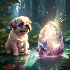 pugg in troical forest, guarding his giant crystal