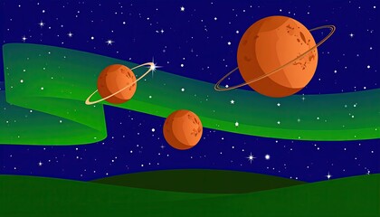 Planets with Aurora, Night Sky, and Landscape.