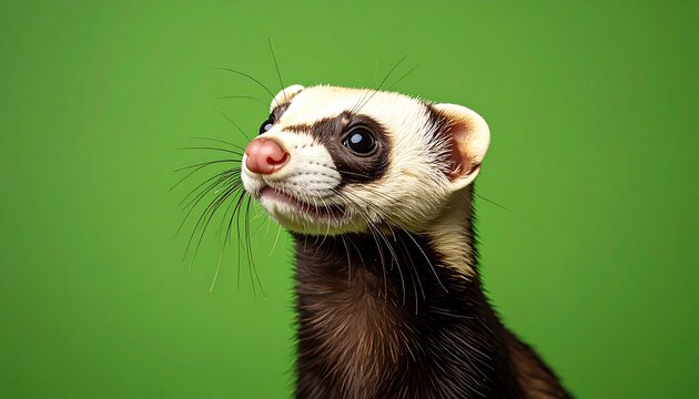 Curious ferret with green background.