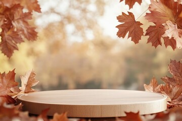 Autumnal wooden podium surrounded by fall leaves