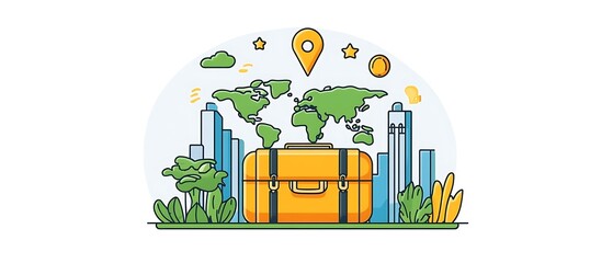 Global travel suitcase, city background