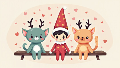 Elf on the Shelf with cute animals sitting  surrounded by hearts  