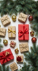 Photo Christmas Gift Boxes And Ornaments With Greenery On White Background