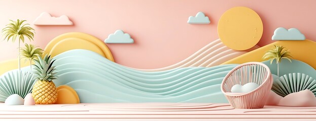 Pastel beach scene, chair, pineapple