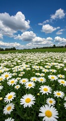 Photo Daisy Field Under Blue Sky with White Clouds Sunlight Blooming Season