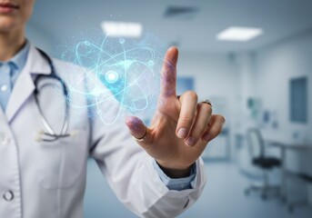 Photo Doctor's Hand Touching Futuristic Digital Globe In Clinic Interior