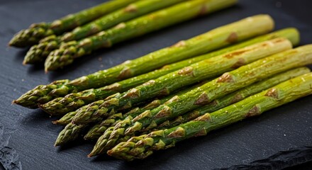 Photo of Fresh Green Asparagus on Dark Slate Stone Background