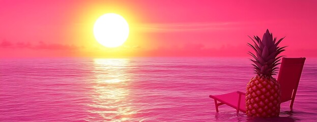 Pink sunset, ocean, pineapple chair. Vacation