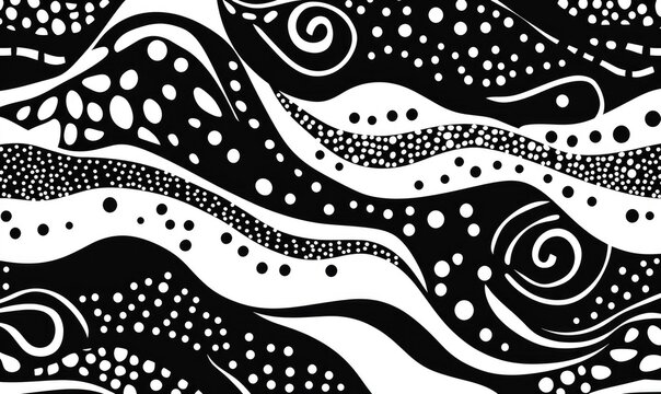Abstract black and white pattern with wavy lines, dots, and swirls
