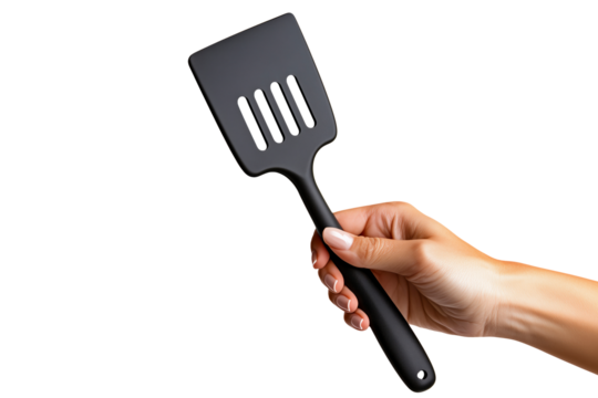 Hand Holding Black Kitchen Spatula Against a Transparent Background
