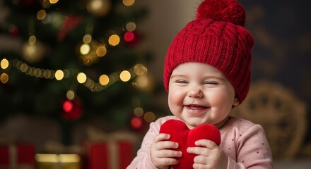 Photo Of A Baby Wearing A Red Knit Hat Smiling and Holding A Heart near Christmas Tree