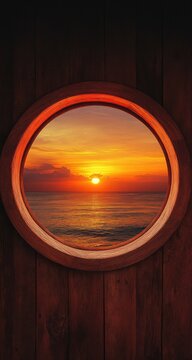 Fototapeta Sunrise seen through a porthole, warm hues