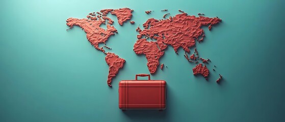 Global travel, suitcase on world map