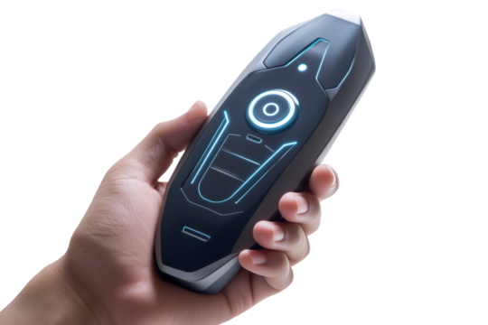 Hand Holding a Futuristic LED-Enhanced Remote Control with Blue Glowing Lights