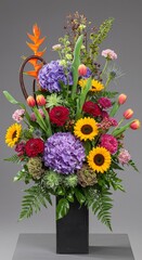 Obraz premium Photo of a Colorful Floral Arrangement with Sunflowers Tulips and Hydrangeas in Vase