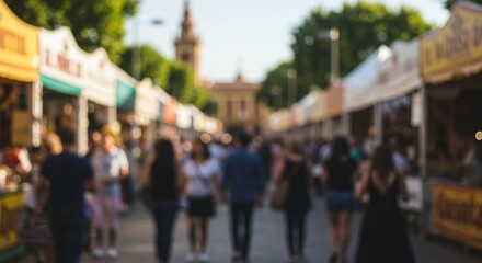 Photo of a Crowd Walking Through a Street Market in Warm Afternoon Light