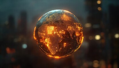 Fiery glowing Earth globe, futuristic cityscape