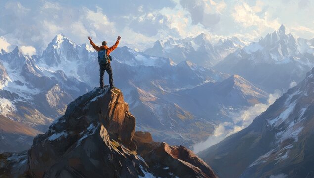 Man with arms raised atop a mountain peak.  Vast mountain range, pale sky