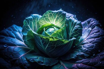 Obraz premium Night Rain Cabbage Split Fork - Dramatic Low Light Vegetable Photography