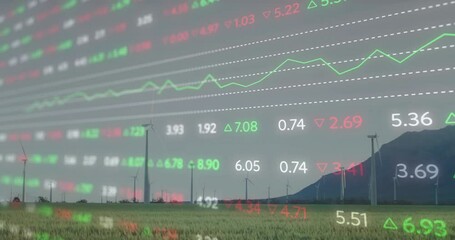 Data overlay fading in over wind turbines showing figures rising and visualizing renewable growth - Powered by Adobe