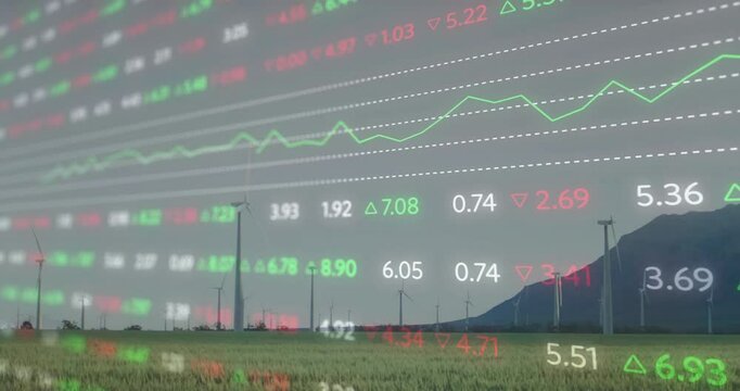 Data overlay fading in over wind turbines showing figures rising and visualizing renewable growth - Powered by Adobe