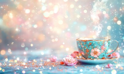 Steaming teacup with roses, bokeh background; ideal for relaxation, tea time, or springtime promotions