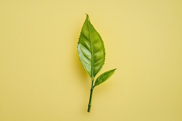 Single vibrant green tea leaf on pale yellow background