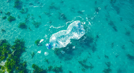 Aerial view of a single plastic bottle floating in clear turquoise ocean water above seaweed, highlighting plastic pollution and environmental concerns.
