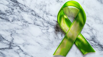 Lime Green Awareness Ribbon on Marble Background for Support and Charity Campaigns