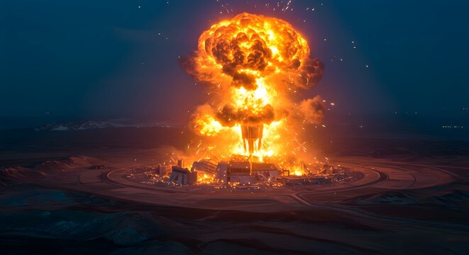 Devastating Nuclear Explosion A Fiery Mushroom Cloud Rises Over Desolate Landscape - Powered by Adobe