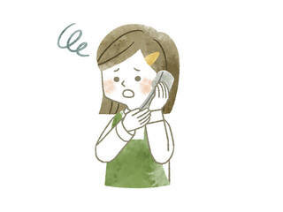 困った表情の電話で話しているエプロンを着用した女性-水彩