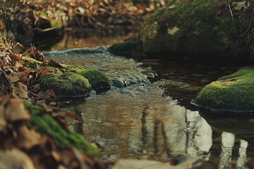 Crystal-clear stream flows amidst mossy rocks and autumn leaves