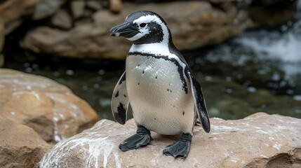 Naklejka premium Humboldt Penguin Standing on Rocks Near Water