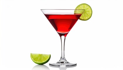 Red cocktail with lime garnish, and white.