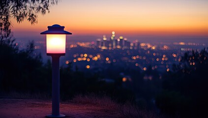 A solitary light post illuminates a hillside overlooking a cityscape at sunset