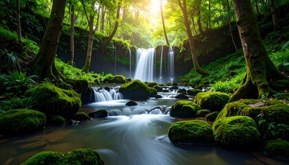 Sunlit Waterfall with Lush Forest.