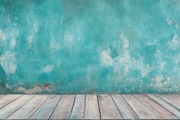 Weathered teal plaster wall backdrop with rustic light grey wood floorboards